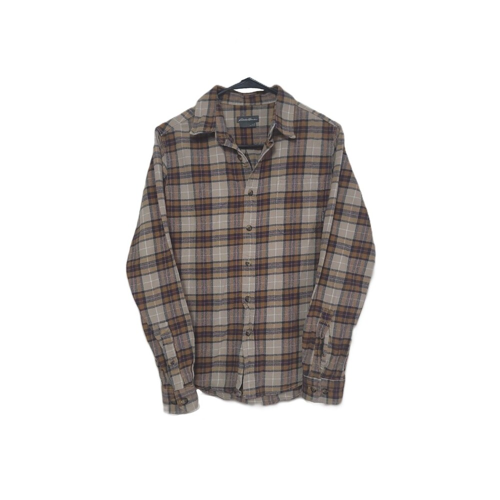 Eddie Bauer Flannel Shirt Mens S Brown Khaki Plaid Long Sleeve Button Up Cotton